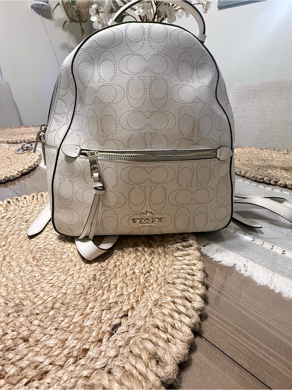 Coach Cream Perforated Signature Leather Backpack With Gold Hardware